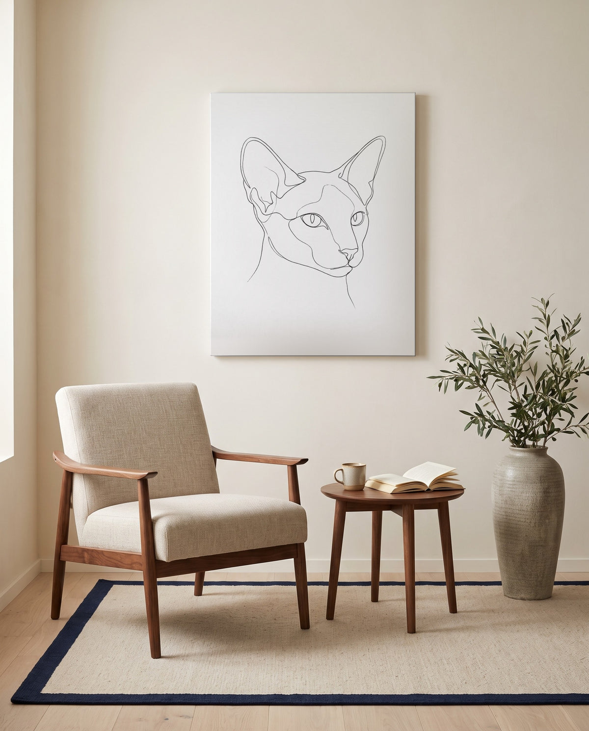 Custom line art cat portrait, on canvas in a reading corner