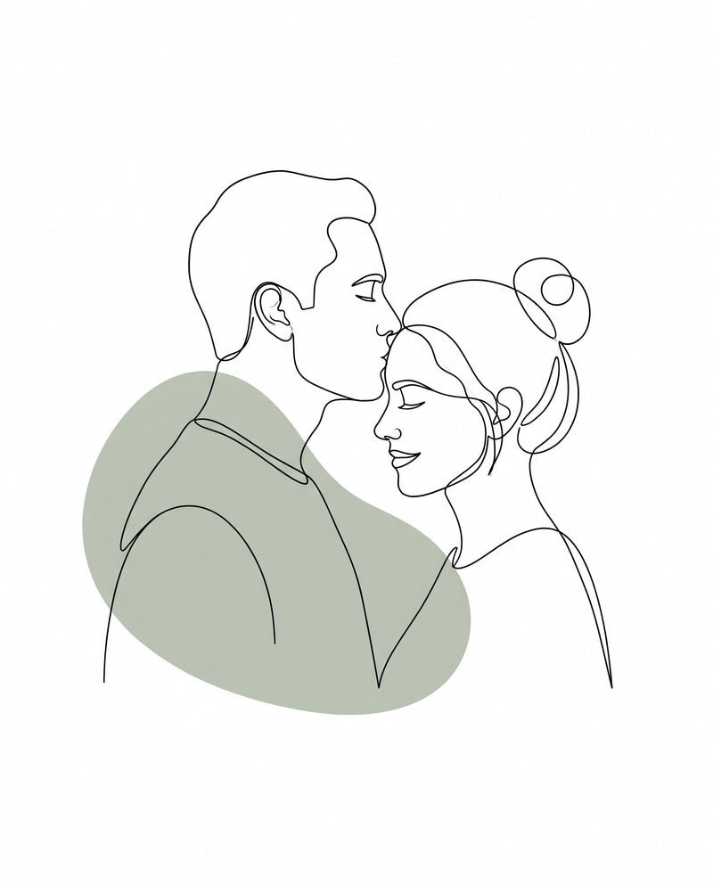 Line Art Couple Portrait with Color: a forehead kiss in one black line over a soft sage green shape