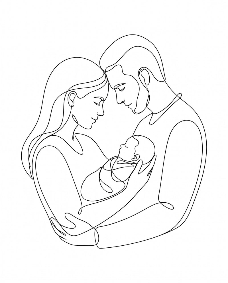 Line Art Family Portrait: parents cradling a newborn, one continuous black line on white