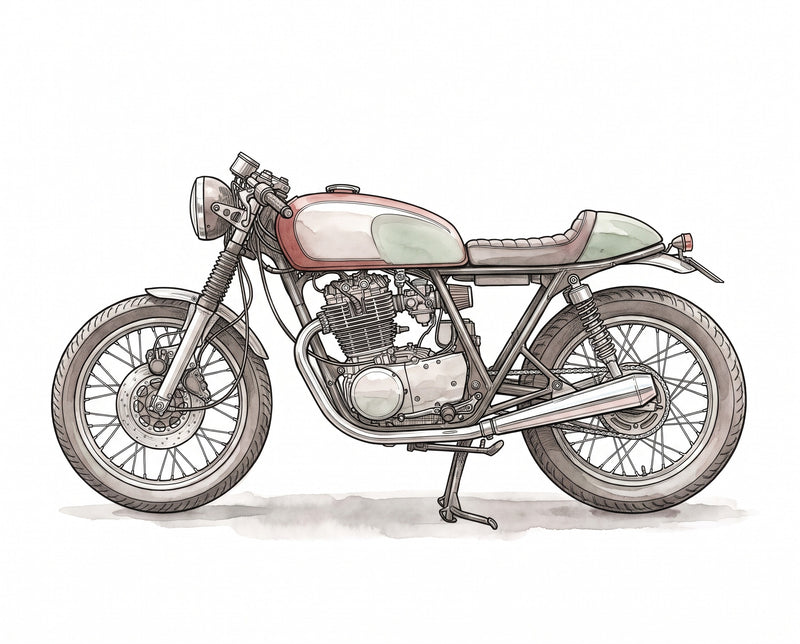 Custom Motorcycle Illustration: a cafe racer motorcycle in fine black line with soft washes