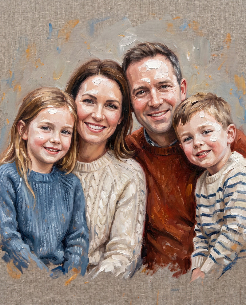 Oil Painting Style Family Portrait: a mother, father and two children in knit sweaters, thick brushwork