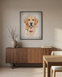 Custom watercolor pet portrait of a golden retriever, in a black frame in a dining room