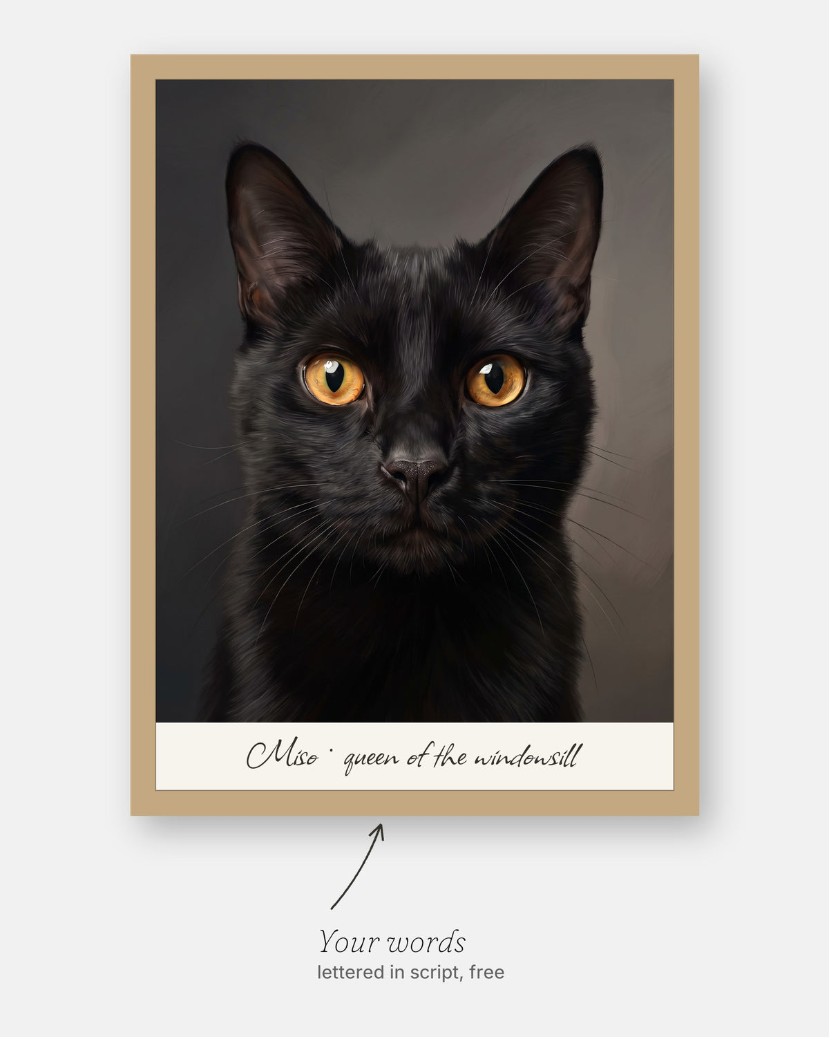 Custom realistic cat portrait with the customer's words, Miso · queen of the windowsill, lettered in script under it