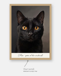 Custom realistic cat portrait with the customer's words, Miso · queen of the windowsill, lettered in script under it