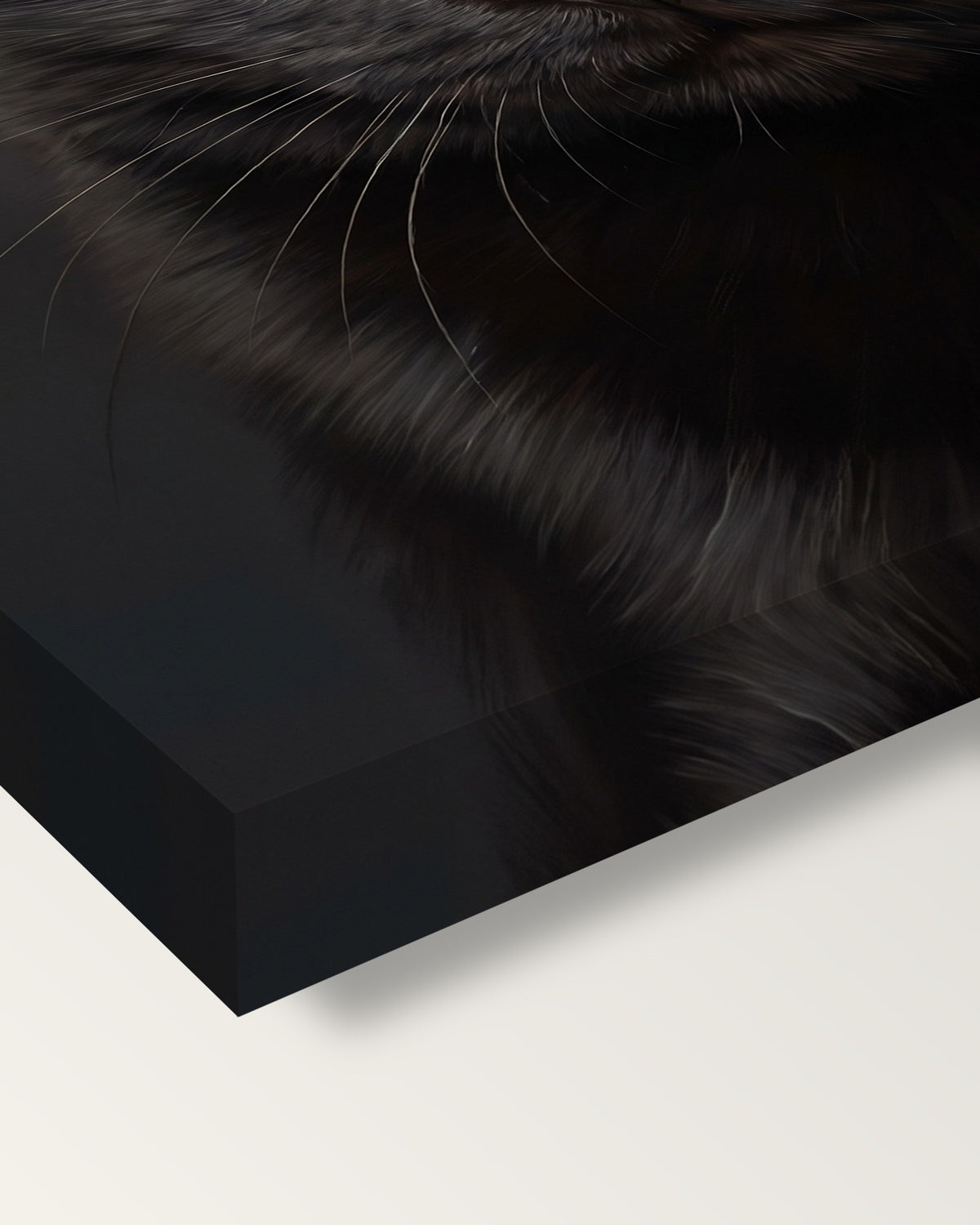 Realistic Cat Portrait on stretched canvas, corner close-up: the painting mirror-wrapped round the sides