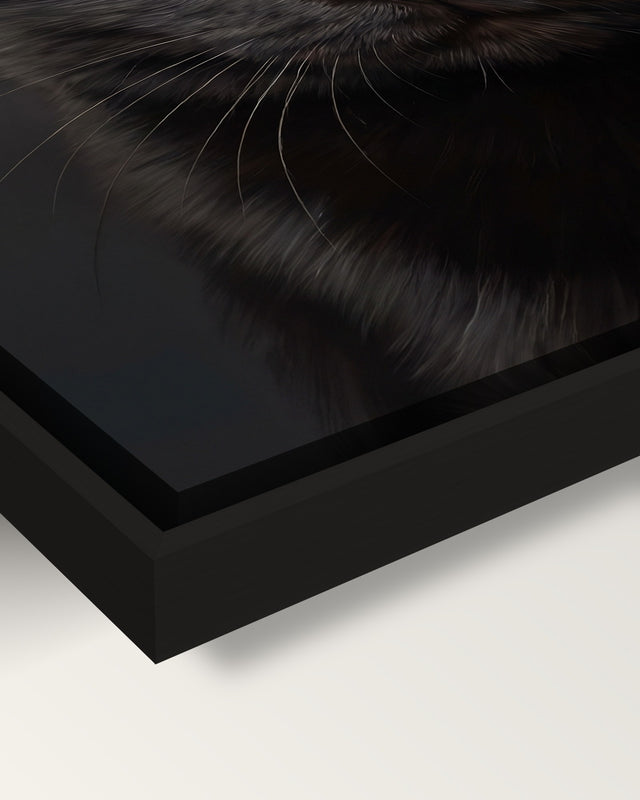 Realistic Cat Portrait framed canvas, corner close-up: black floating frame, a shadow gap round the canvas