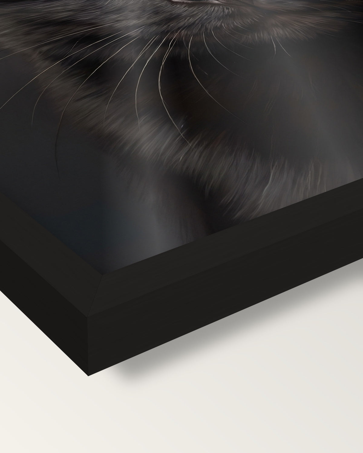 Realistic Cat Portrait framed print, corner close-up: black moulding, the print edge to edge behind plexiglass, no mat