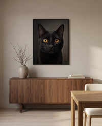 Custom realistic cat portrait, in a black frame in a dining room