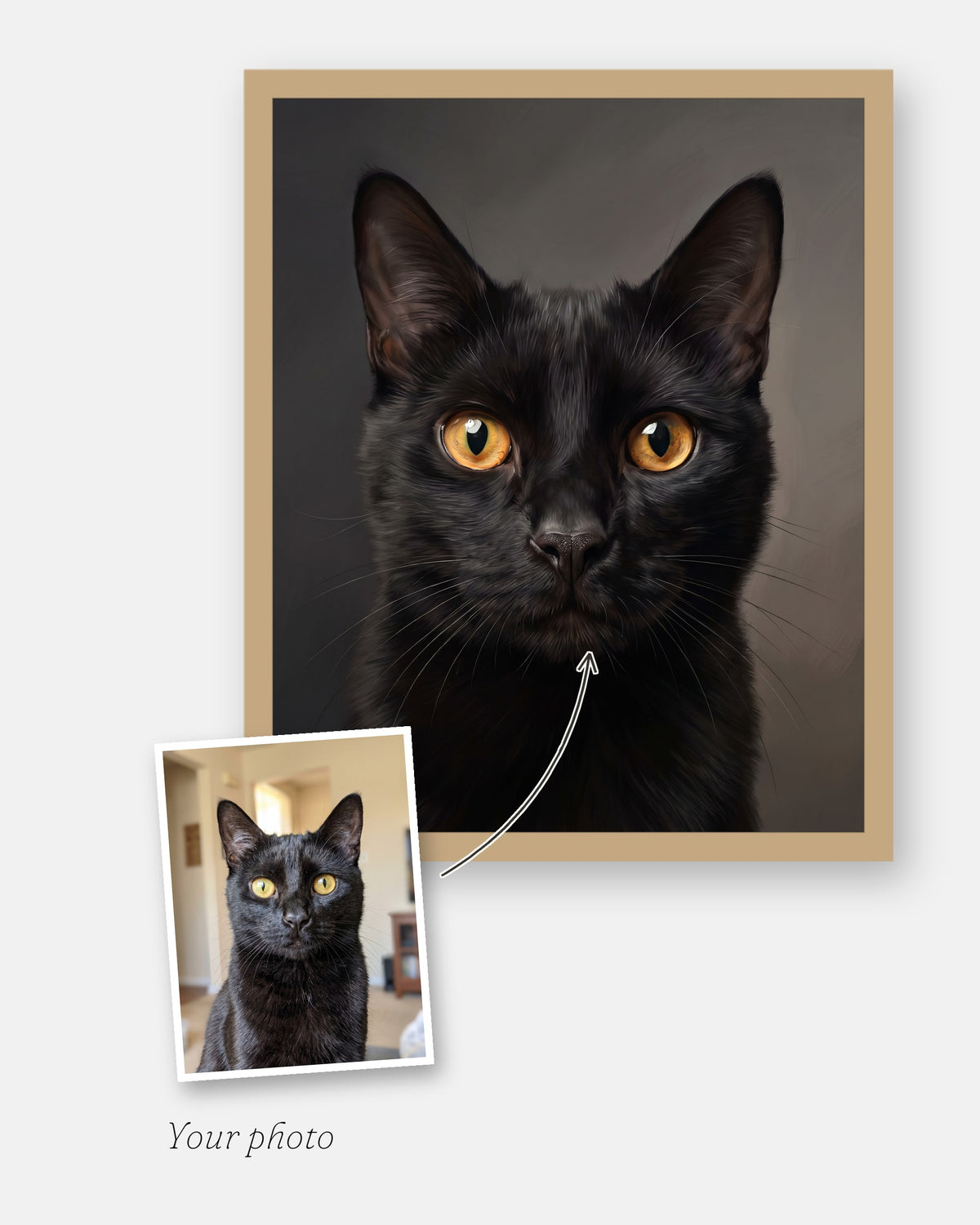 The customer's photo laid on the corner of the finished custom realistic cat portrait, framed in natural wood