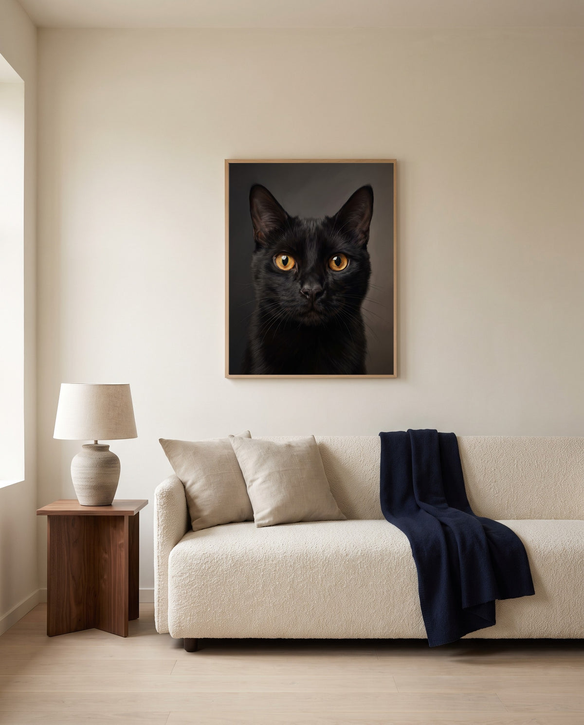 Custom realistic cat portrait, framed above a sofa in a living room