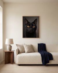 Custom realistic cat portrait, framed above a sofa in a living room