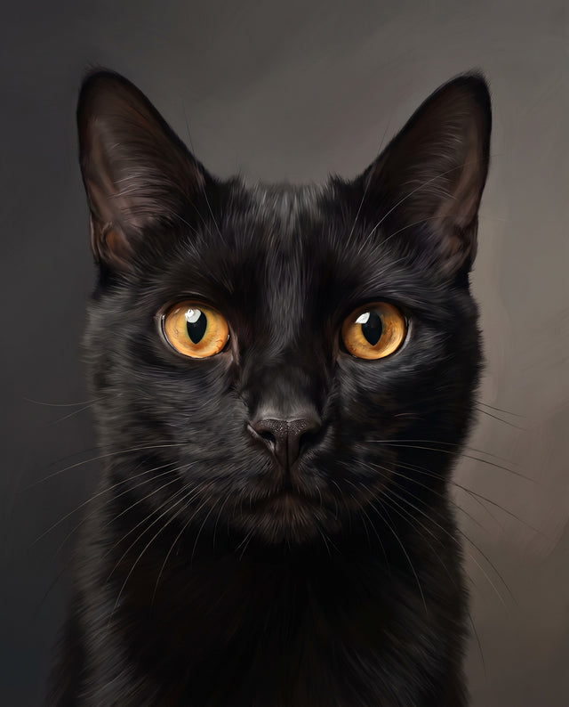 Realistic Cat Portrait: a black cat with bright amber eyes on a soft dark backdrop, lifelike fur