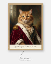 Custom royal cat portrait with the customer's words, Miso · queen of the windowsill, lettered in script under it