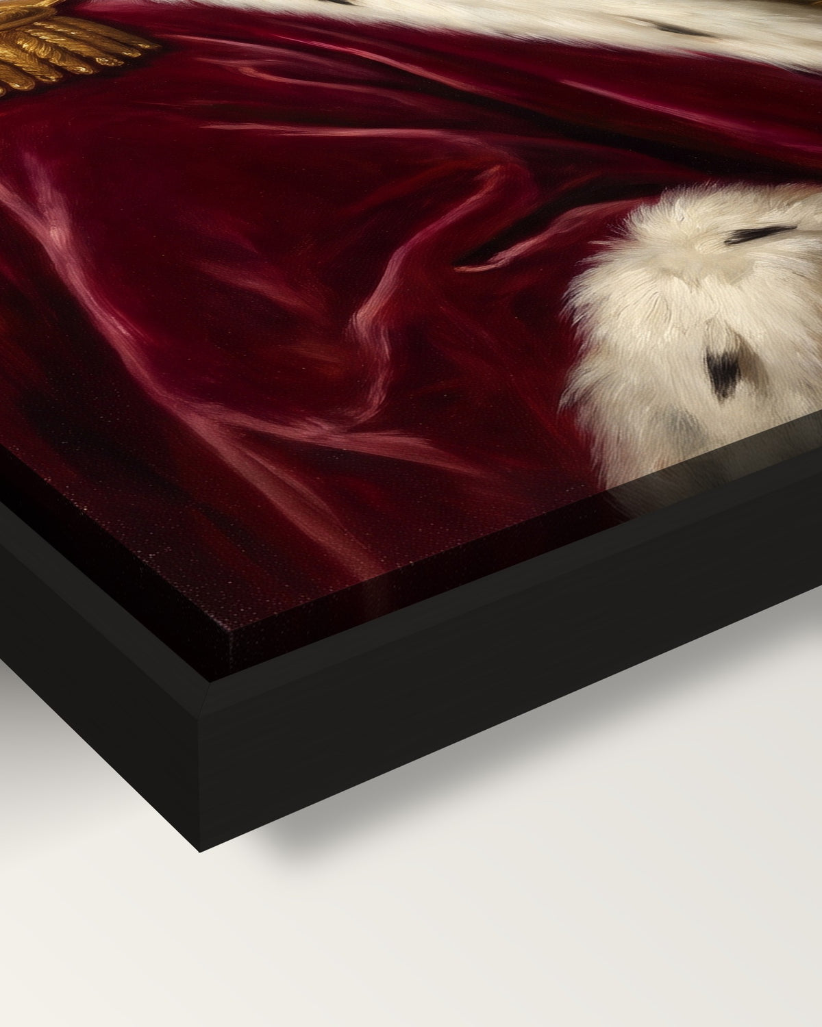 Royal Cat Portrait framed canvas, corner close-up: black floating frame, a shadow gap round the canvas