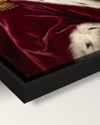Royal Cat Portrait framed canvas, corner close-up: black floating frame, a shadow gap round the canvas
