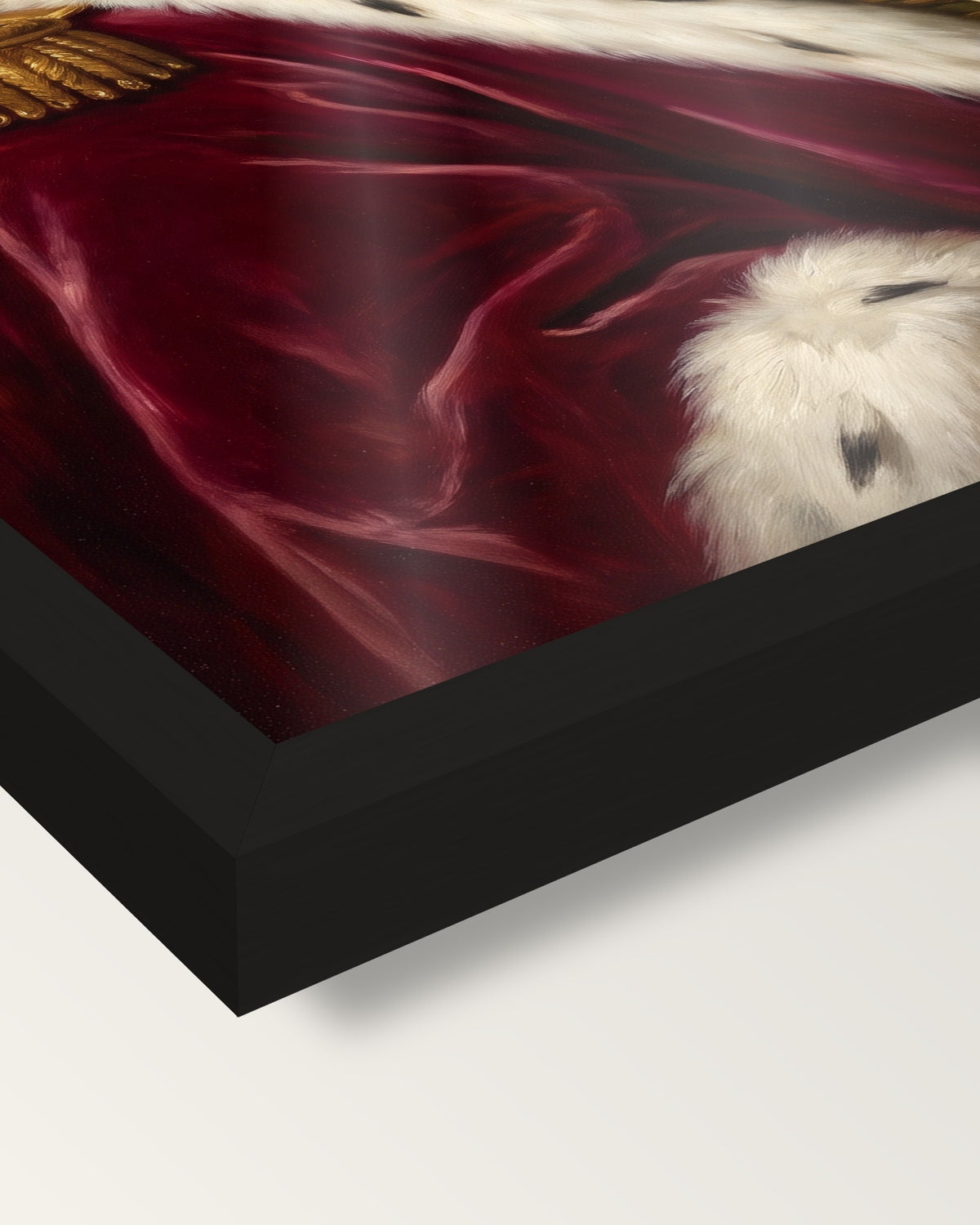 Royal Cat Portrait framed print, corner close-up: black moulding, the print edge to edge behind plexiglass, no mat