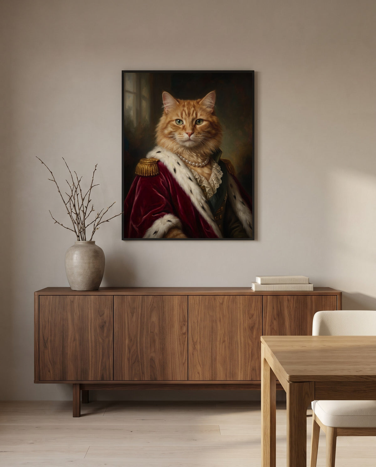 Custom royal cat portrait, in a black frame in a dining room