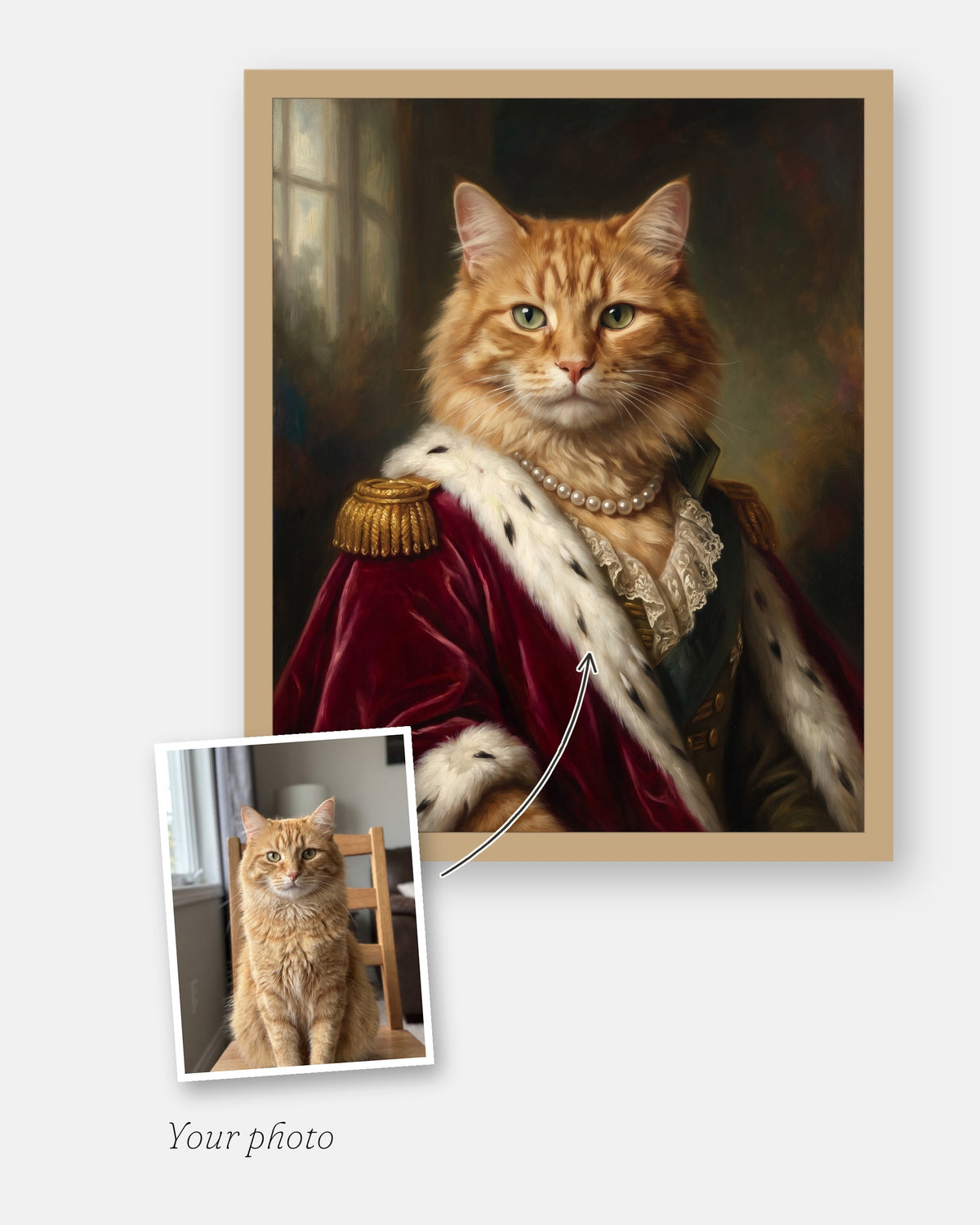 The customer's photo laid on the corner of the finished custom royal cat portrait, framed in natural wood