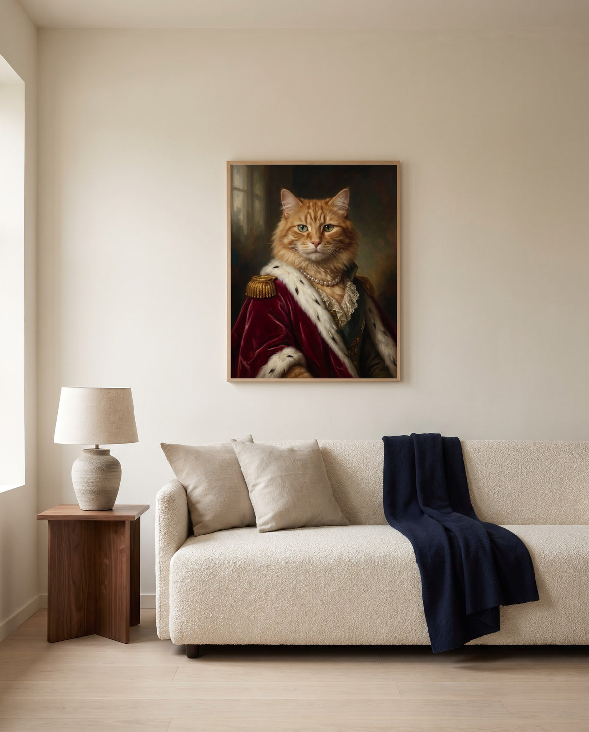 Custom royal cat portrait, framed above a sofa in a living room