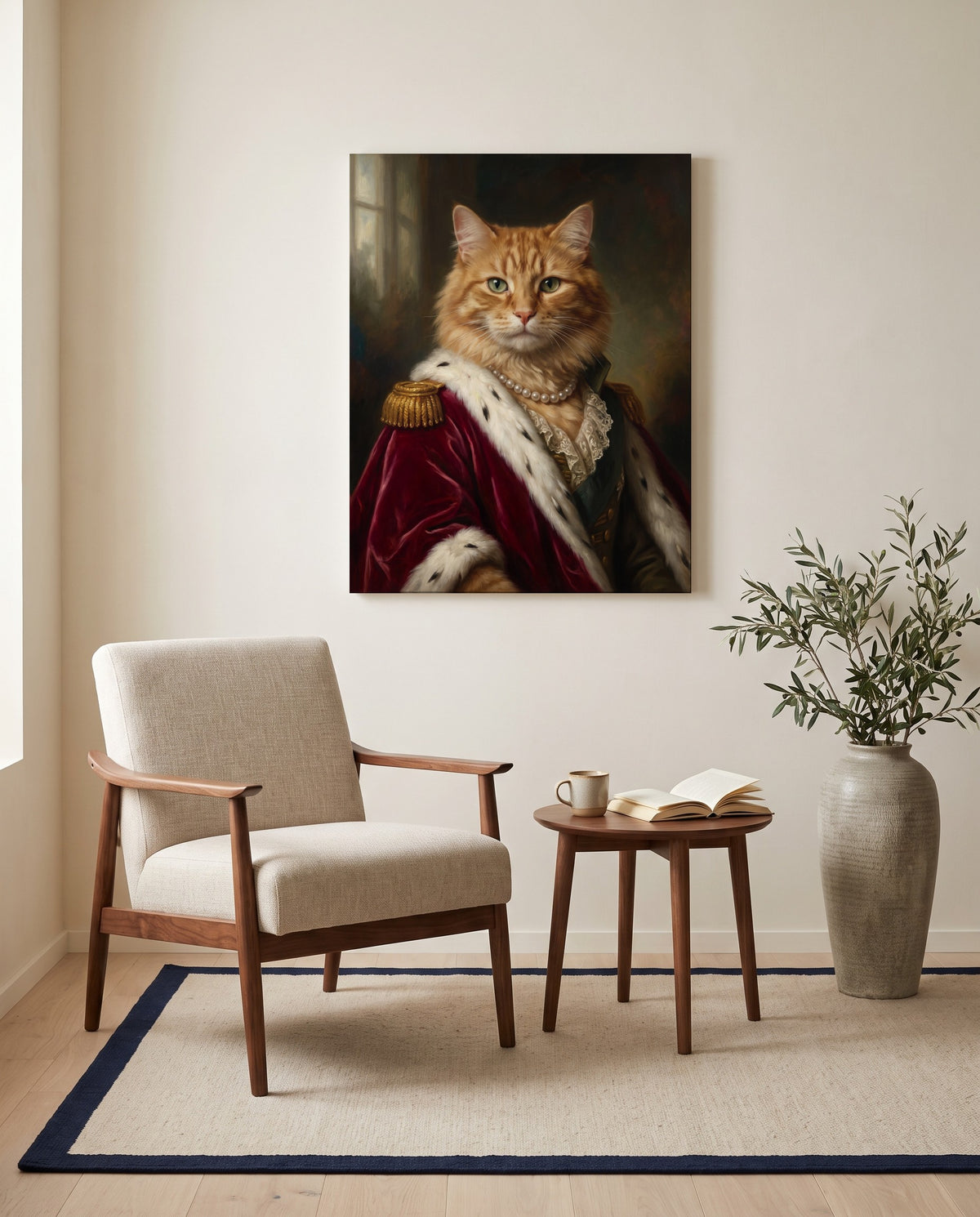 Custom royal cat portrait, on canvas in a reading corner