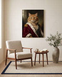 Custom royal cat portrait, on canvas in a reading corner