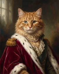 Royal Cat Portrait: a ginger cat in a red velvet and ermine cape with pearls
