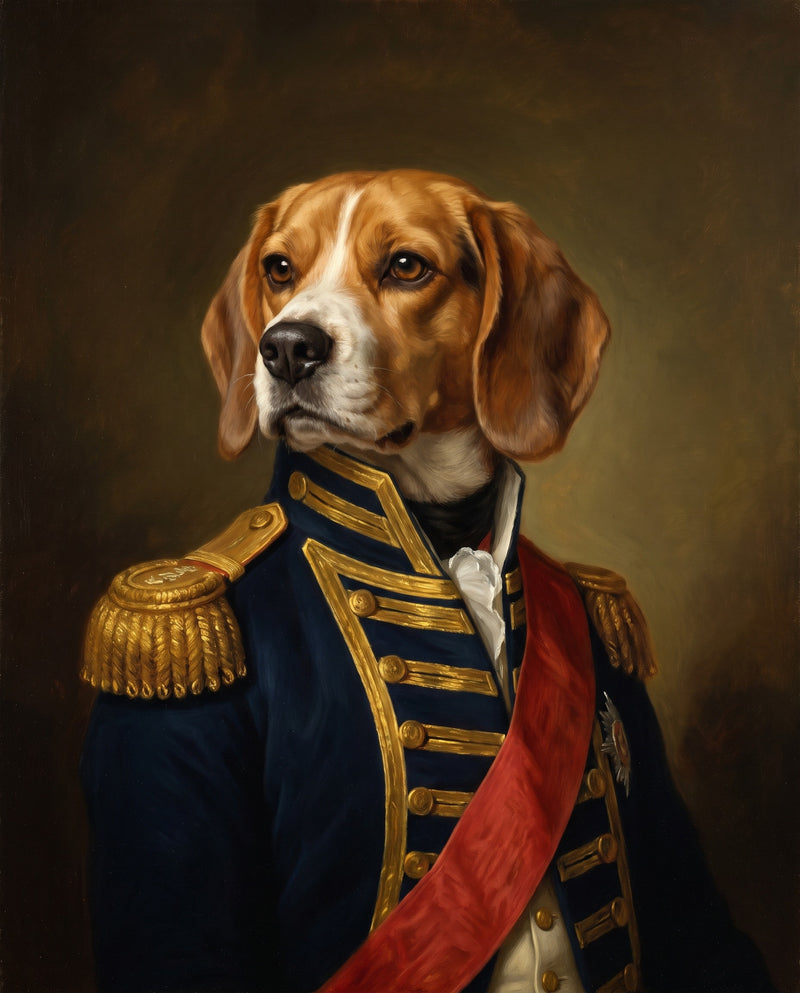 Royal Dog Portrait: a beagle in a navy admiral coat with gold braid, dark umber background