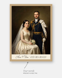 Custom royal wedding portrait with the customer's words, Ana & Theo · 09.20.2025, lettered in script under it