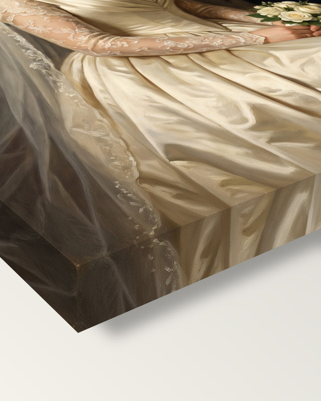 Custom Royal Wedding Portrait on stretched canvas, corner close-up: the painting mirror-wrapped round the sides