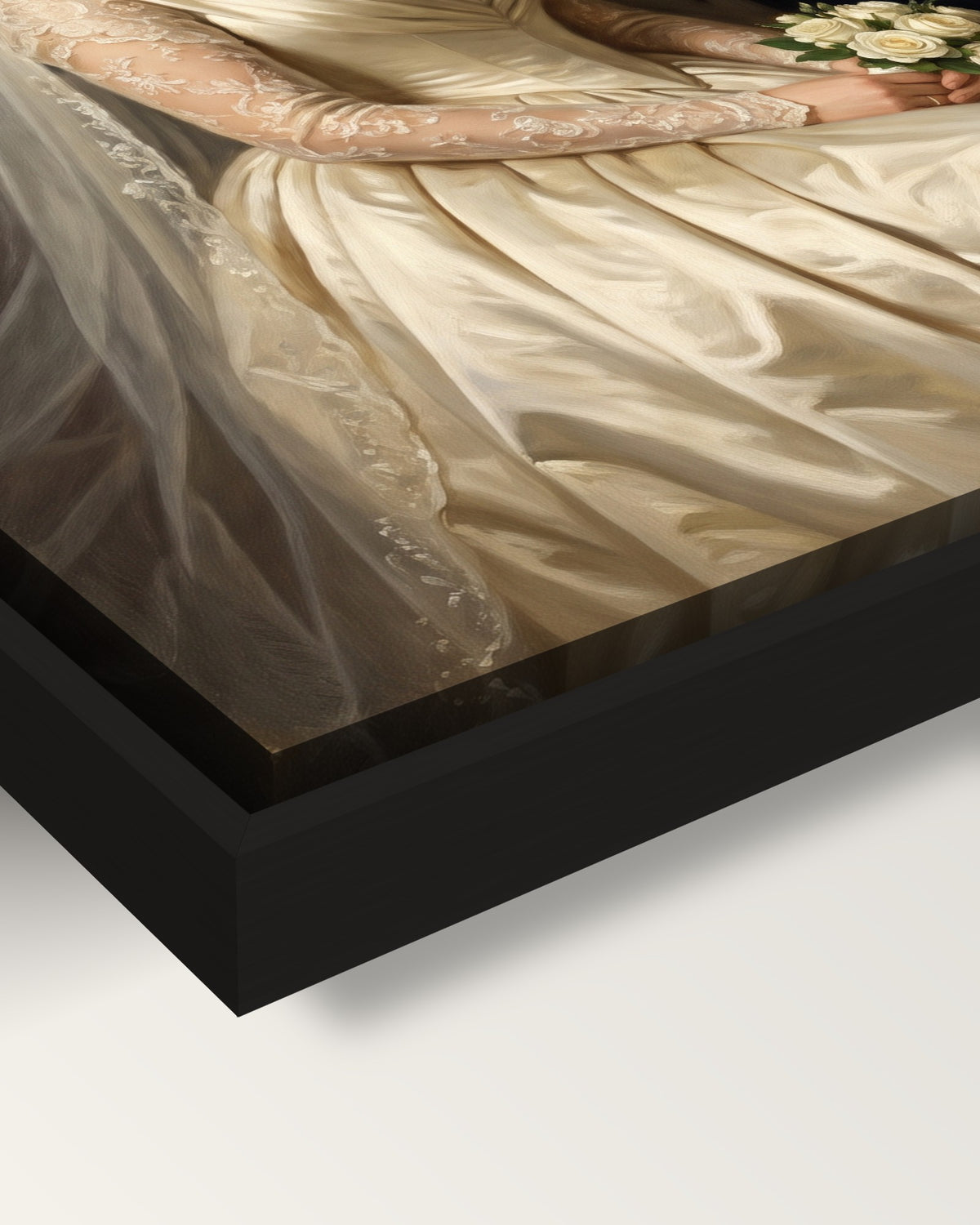 Custom Royal Wedding Portrait framed canvas, corner close-up: black floating frame, a shadow gap round the canvas