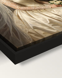 Custom Royal Wedding Portrait framed canvas, corner close-up: black floating frame, a shadow gap round the canvas