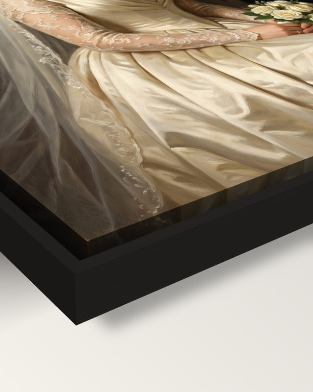 Custom Royal Wedding Portrait framed canvas, corner close-up: black floating frame, a shadow gap round the canvas