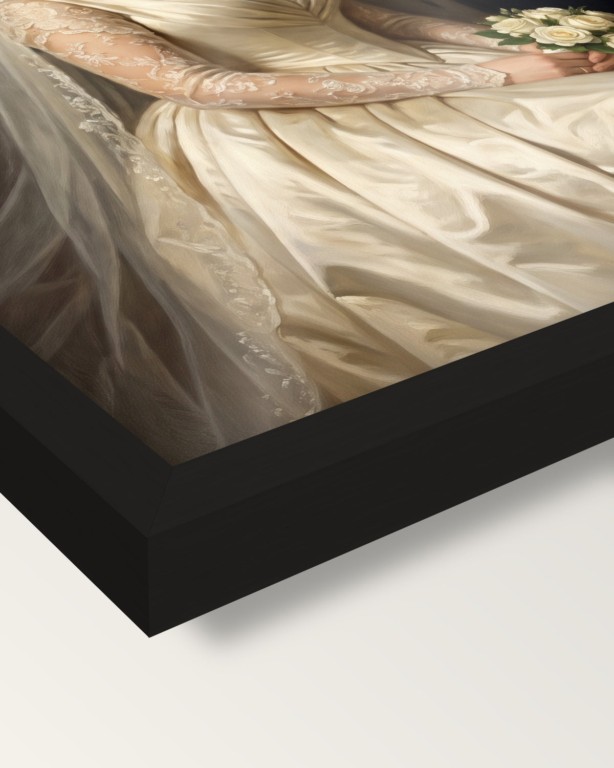 Custom Royal Wedding Portrait framed print, corner close-up: black moulding, the print edge to edge behind plexiglass, no mat