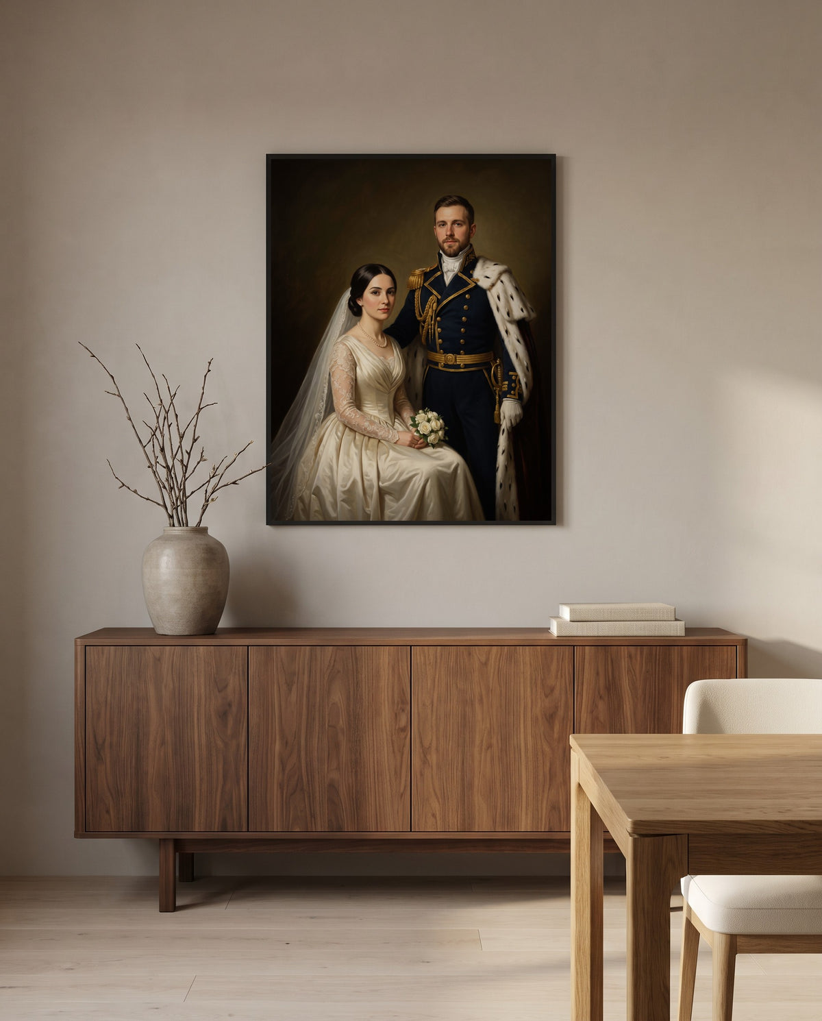 Custom royal wedding portrait, in a black frame in a dining room