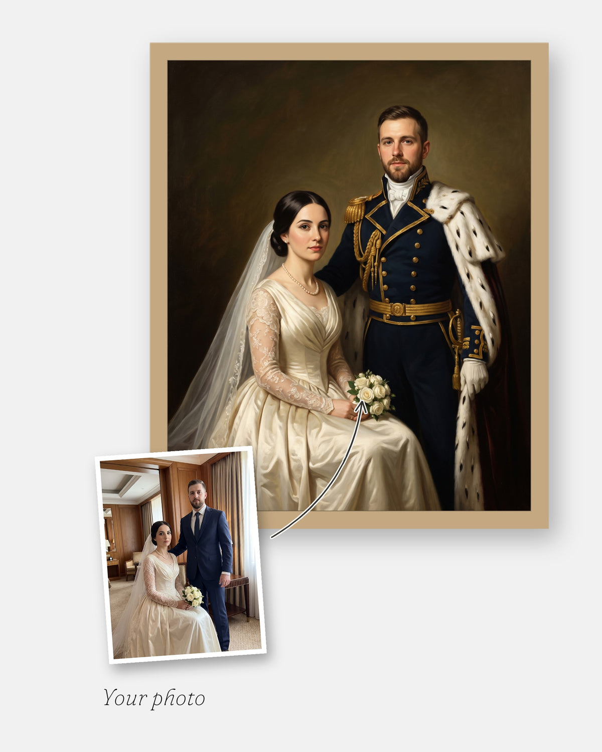 The customer's photo laid on the corner of the finished custom royal wedding portrait, framed in natural wood
