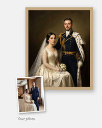 The customer's photo laid on the corner of the finished custom royal wedding portrait, framed in natural wood