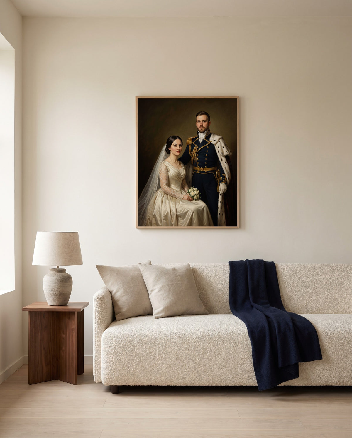 Custom royal wedding portrait, framed above a sofa in a living room