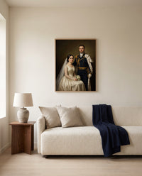 Custom royal wedding portrait, framed above a sofa in a living room