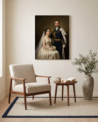 Custom royal wedding portrait, on canvas in a reading corner