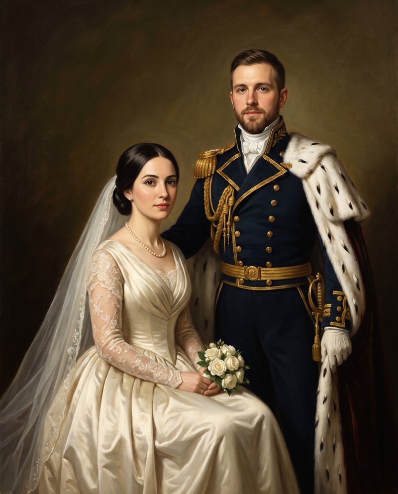 Custom Royal Wedding Portrait: a bride in ivory silk and lace with a veil, seated, a groom in a braided navy coat with an