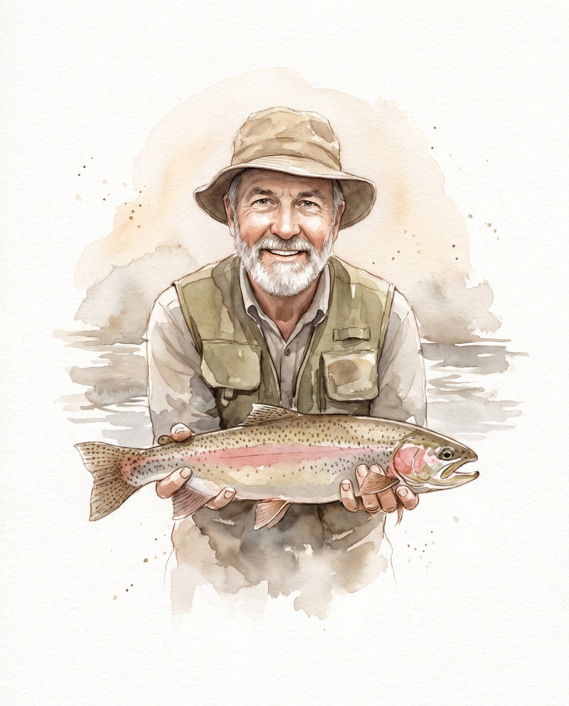 Custom fishing watercolor: a gray-bearded angler in a tan bucket hat and wading vest holding a rainbow trout by a river