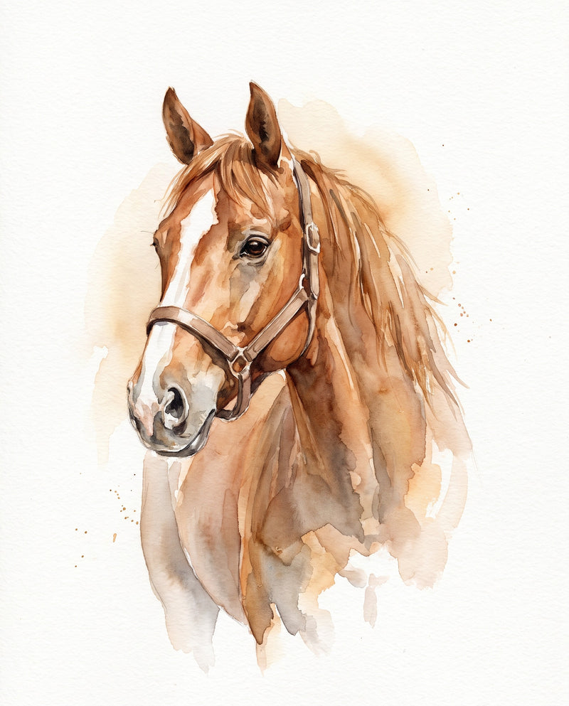 Custom watercolor horse portrait: a chestnut horse with a white blaze and plain halter, ears forward, in warm loose washes