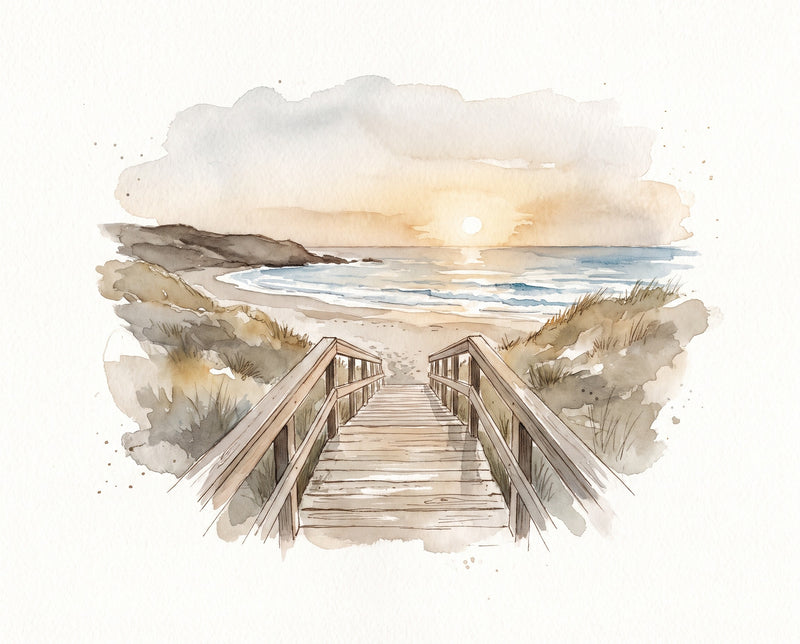Custom watercolor landscape painting: a beach cove at sunset, dunes and beach grass, a wooden boardwalk down to the sand