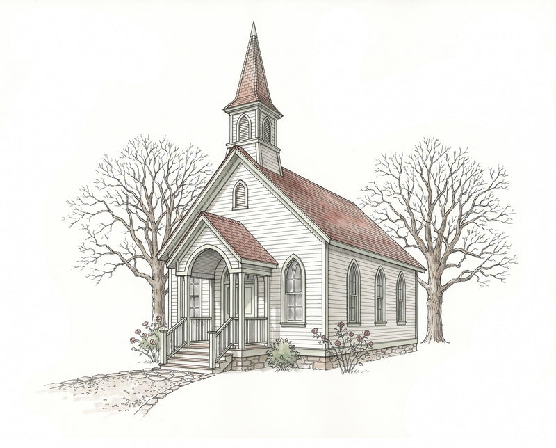 Custom Wedding Venue Illustration: a white wooden country chapel with a steeple and arched porch between two bare oaks,