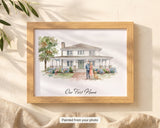 Custom watercolor house portrait with family and dog painted in front, Our First Home script caption, framed flat-lay in dappled light