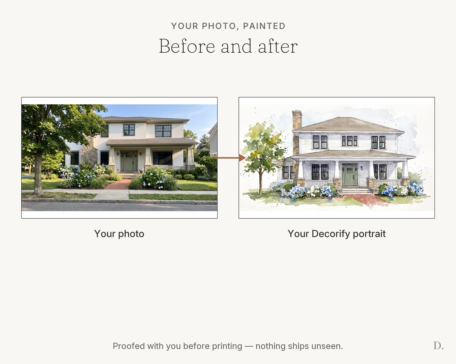 Before and after — customer photo of a home transformed into a watercolor house portrait