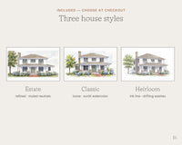 Three watercolor art styles for a custom house portrait — Estate, Classic, Heirloom