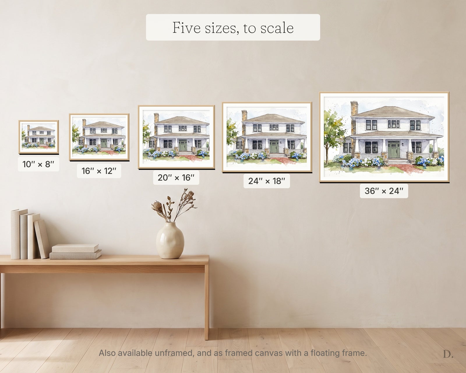 Five print sizes of a custom home portrait displayed above a console