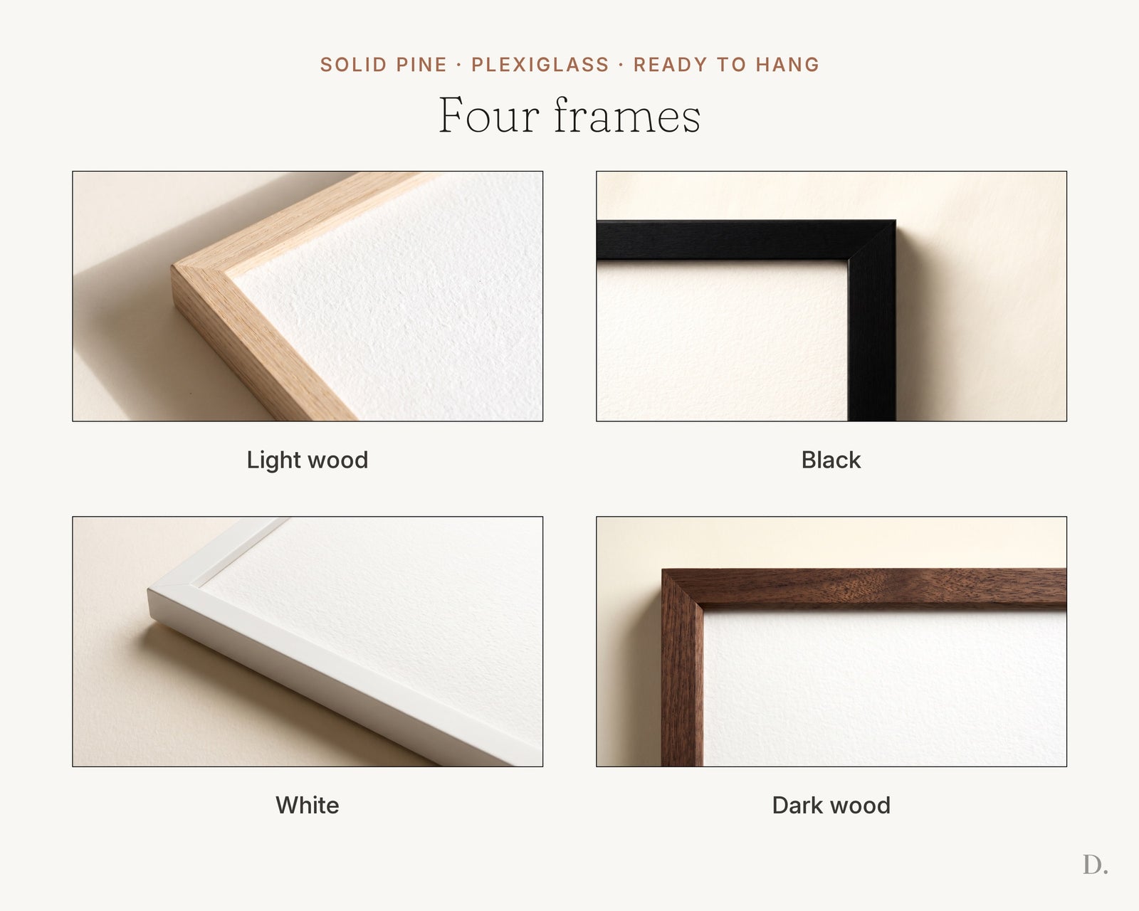 Four frame colors — black, white, natural wood, dark wood