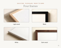 Four frame colors — black, white, natural wood, dark wood
